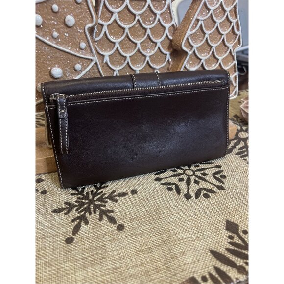 COACH Brown 8" Trifold Leather White Stitching Wallet Snap Closure - Picture 2 of 12